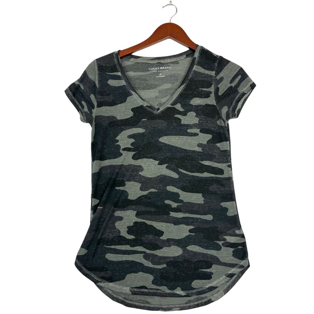 Lucky Brand Womens S Camo V Neck T Shirt Green Black Short Sleeve Curved Hem